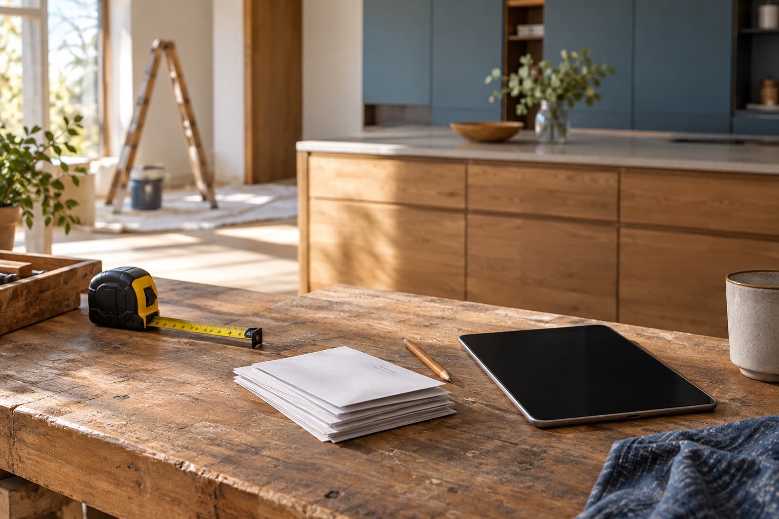 Belege, Maßband und Tablet bei einer fast abgeschlossenen Renovierung
