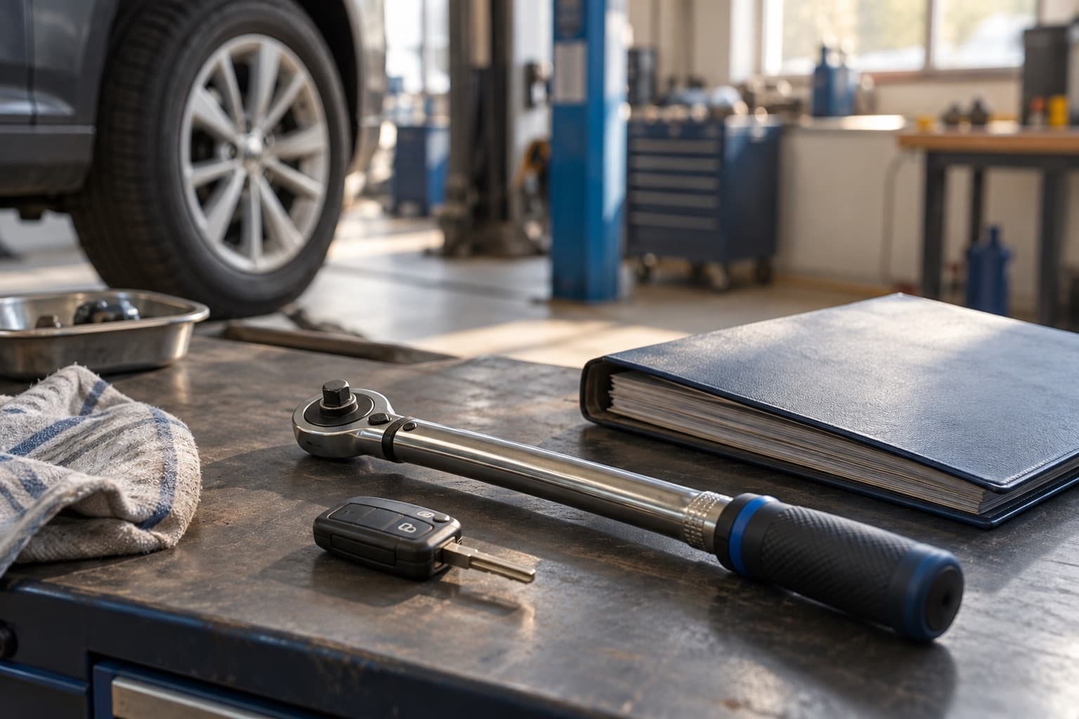 Drehmomentschlüssel, Autoschlüssel und Servicemappe in einer Werkstatt