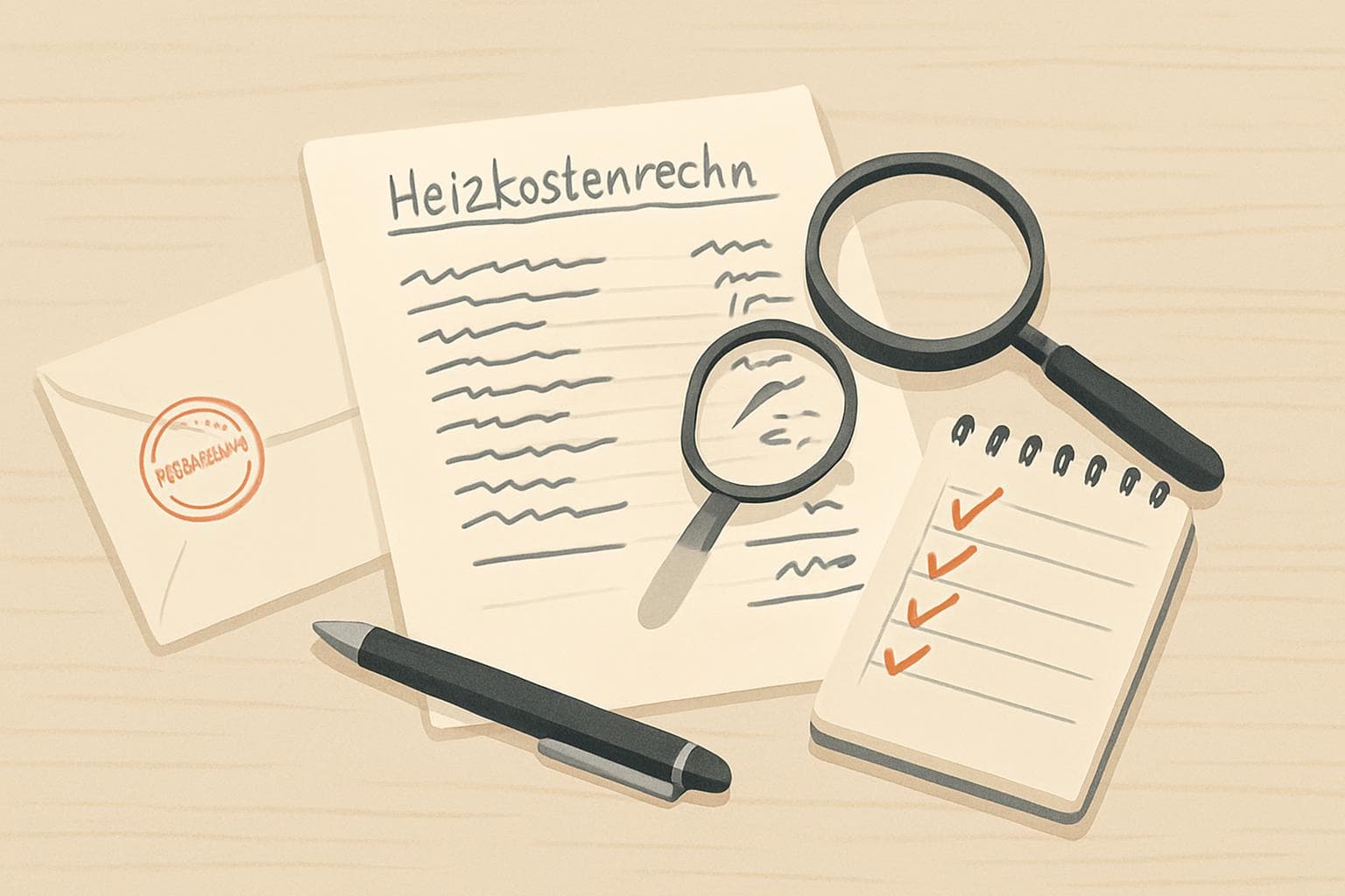 Heizkostenabrechnung auf einem Tisch mit Lupe und Notizen als Symbol für Prüfung von Nebenkosten